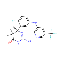 CN1C(=O)C(C)(C)[C@@](C)(c2cc(Nc3cncc(C(F)(F)F)c3)ccc2F)N=C1N ZINC000114111376