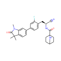 CN1C(=O)C(C)(C)c2ccc(-c3ccc(C[C@@H](C#N)NC(=O)C45CCC(CC4)CN5)c(F)c3)cc21 ZINC000169710029