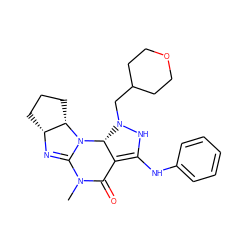 CN1C(=O)C2=C(Nc3ccccc3)NN(CC3CCOCC3)[C@H]2N2C1=N[C@@H]1CCC[C@@H]12 ZINC000653697707