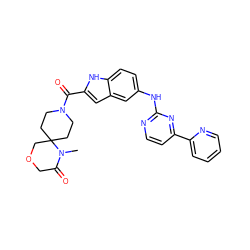 CN1C(=O)COCC12CCN(C(=O)c1cc3cc(Nc4nccc(-c5ccccn5)n4)ccc3[nH]1)CC2 ZINC000144237709