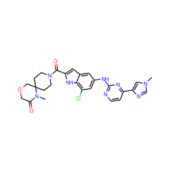 CN1C(=O)COCC12CCN(C(=O)c1cc3cc(Nc4nccc(-c5cn(C)cn5)n4)cc(Cl)c3[nH]1)CC2 ZINC000222322979