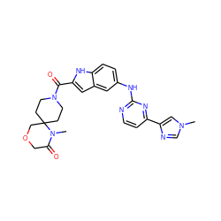 CN1C(=O)COCC12CCN(C(=O)c1cc3cc(Nc4nccc(-c5cn(C)cn5)n4)ccc3[nH]1)CC2 ZINC000222326724