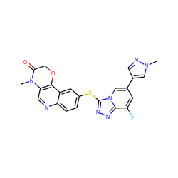 CN1C(=O)COc2c1cnc1ccc(Sc3nnc4c(F)cc(-c5cnn(C)c5)cn34)cc21 ZINC000221146611