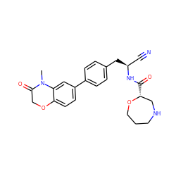 CN1C(=O)COc2ccc(-c3ccc(C[C@@H](C#N)NC(=O)[C@@H]4CNCCCO4)cc3)cc21 ZINC001772640344