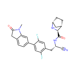 CN1C(=O)Cc2ccc(-c3cc(F)c(C[C@@H](C#N)NC(=O)[C@H]4N[C@@H]5CC[C@H]4C5)cc3F)cc21 ZINC000219294189