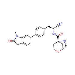 CN1C(=O)Cc2ccc(-c3ccc(C[C@@H](C#N)NC(=O)[C@@]45CCO[C@@H](CN4)C5)cc3)cc21 ZINC000169710004