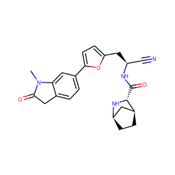 CN1C(=O)Cc2ccc(-c3ccc(C[C@@H](C#N)NC(=O)[C@H]4N[C@@H]5CC[C@H]4C5)o3)cc21 ZINC000169708953