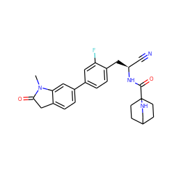 CN1C(=O)Cc2ccc(-c3ccc(C[C@@H](C#N)NC(=O)C45CCC(CC4)CN5)c(F)c3)cc21 ZINC000169710032