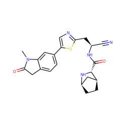 CN1C(=O)Cc2ccc(-c3cnc(C[C@@H](C#N)NC(=O)[C@H]4N[C@@H]5CC[C@H]4C5)s3)cc21 ZINC000169708966