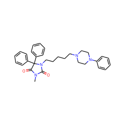 CN1C(=O)N(CCCCCN2CCN(c3ccccc3)CC2)C(c2ccccc2)(c2ccccc2)C1=O ZINC000073170059