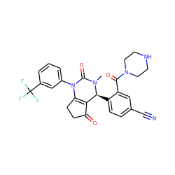 CN1C(=O)N(c2cccc(C(F)(F)F)c2)C2=C(C(=O)CC2)[C@@H]1c1ccc(C#N)cc1C(=O)N1CCNCC1 ZINC001772651521