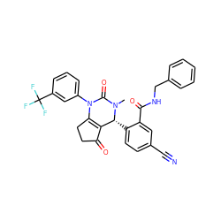 CN1C(=O)N(c2cccc(C(F)(F)F)c2)C2=C(C(=O)CC2)[C@H]1c1ccc(C#N)cc1C(=O)NCc1ccccc1 ZINC001772640192