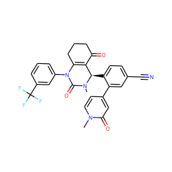 CN1C(=O)N(c2cccc(C(F)(F)F)c2)C2=C(C(=O)CCC2)[C@H]1c1ccc(C#N)cc1-c1ccn(C)c(=O)c1 ZINC001772611168