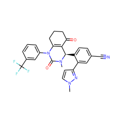 CN1C(=O)N(c2cccc(C(F)(F)F)c2)C2=C(C(=O)CCC2)[C@H]1c1ccc(C#N)cc1-c1ccn(C)n1 ZINC001772649029