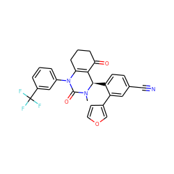 CN1C(=O)N(c2cccc(C(F)(F)F)c2)C2=C(C(=O)CCC2)[C@H]1c1ccc(C#N)cc1-c1ccoc1 ZINC001772619409