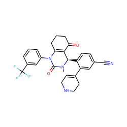 CN1C(=O)N(c2cccc(C(F)(F)F)c2)C2=C(C(=O)CCC2)[C@H]1c1ccc(C#N)cc1C1=CCNCC1 ZINC001772596050