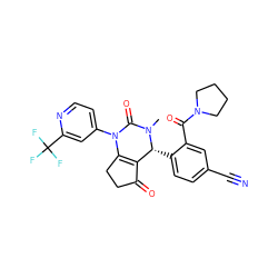 CN1C(=O)N(c2ccnc(C(F)(F)F)c2)C2=C(C(=O)CC2)[C@H]1c1ccc(C#N)cc1C(=O)N1CCCC1 ZINC001772637752