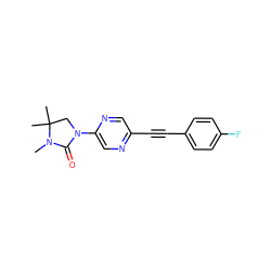 CN1C(=O)N(c2cnc(C#Cc3ccc(F)cc3)cn2)CC1(C)C ZINC000144367468