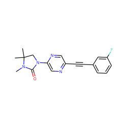 CN1C(=O)N(c2cnc(C#Cc3cccc(F)c3)cn2)CC1(C)C ZINC000144728644