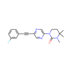 CN1C(=O)N(c2cnc(C#Cc3cccc(F)c3)cn2)CCC1(C)C ZINC000143731529