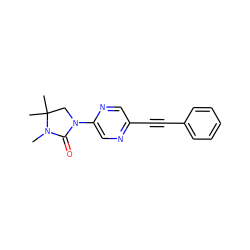 CN1C(=O)N(c2cnc(C#Cc3ccccc3)cn2)CC1(C)C ZINC000144064804