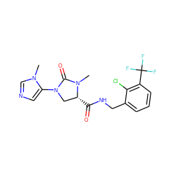 CN1C(=O)N(c2cncn2C)C[C@H]1C(=O)NCc1cccc(C(F)(F)F)c1Cl ZINC000095565376