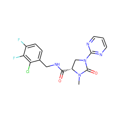 CN1C(=O)N(c2ncccn2)C[C@H]1C(=O)NCc1ccc(F)c(F)c1Cl ZINC000095565214