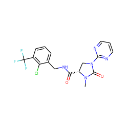 CN1C(=O)N(c2ncccn2)C[C@H]1C(=O)NCc1cccc(C(F)(F)F)c1Cl ZINC000095565354