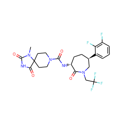 CN1C(=O)NC(=O)C12CCN(C(=O)N[C@@H]1CC[C@@H](c3cccc(F)c3F)CN(CC(F)(F)F)C1=O)CC2 ZINC000049723336