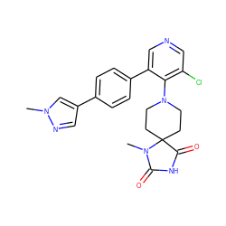 CN1C(=O)NC(=O)C12CCN(c1c(Cl)cncc1-c1ccc(-c3cnn(C)c3)cc1)CC2 ZINC000653842137