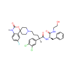 CN1C(=O)OC2(CCN(CCC[C@@](C)(C(=O)N[C@H](Cc3ccccc3)C(=O)NCCO)c3ccc(Cl)c(Cl)c3)CC2)c2cc(F)ccc21 ZINC000169348419