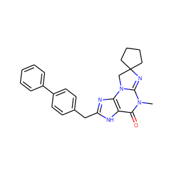 CN1C(=O)c2[nH]c(Cc3ccc(-c4ccccc4)cc3)nc2N2CC3(CCCC3)N=C12 ZINC000013763715