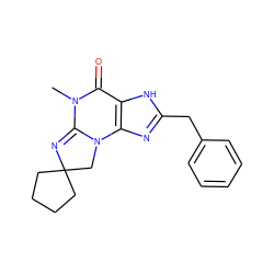 CN1C(=O)c2[nH]c(Cc3ccccc3)nc2N2CC3(CCCC3)N=C12 ZINC000012360784