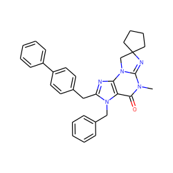 CN1C(=O)c2c(nc(Cc3ccc(-c4ccccc4)cc3)n2Cc2ccccc2)N2CC3(CCCC3)N=C12 ZINC000013763713