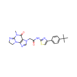 CN1C(=O)c2c(ncn2CC(=O)Nc2nc(-c3ccc(C(C)(C)C)cc3)cs2)N2CCN=C12 ZINC000138175759