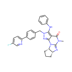 CN1C(=O)c2c(nn(Cc3ccc(-c4ccc(F)cn4)cc3)c2Nc2ccccc2)N2C1=N[C@@H]1CCC[C@@H]12 ZINC000142794887