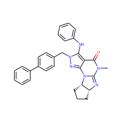 CN1C(=O)c2c(nn(Cc3ccc(-c4ccccc4)cc3)c2Nc2ccccc2)N2C1=N[C@@H]1CCC[C@@H]12 ZINC000136027348