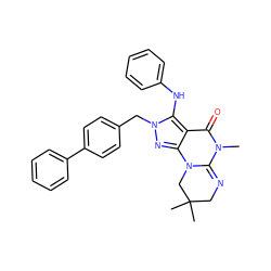 CN1C(=O)c2c(nn(Cc3ccc(-c4ccccc4)cc3)c2Nc2ccccc2)N2CC(C)(C)CN=C12 ZINC000136027415