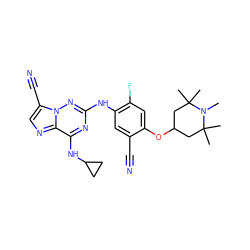 CN1C(C)(C)CC(Oc2cc(F)c(Nc3nc(NC4CC4)c4ncc(C#N)n4n3)cc2C#N)CC1(C)C ZINC000169711965