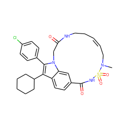 CN1C/C=C\CCNC(=O)Cn2c(-c3ccc(Cl)cc3)c(C3CCCCC3)c3ccc(cc32)C(=O)NS1(=O)=O ZINC000140042884