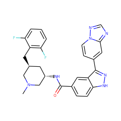 CN1C[C@@H](Cc2c(F)cccc2F)C[C@H](NC(=O)c2ccc3[nH]nc(-c4ccn5ncnc5c4)c3c2)C1 ZINC000147808687