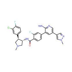 CN1C[C@@H](NC(=O)c2ccc(-c3cc(-c4cnn(C)c4)cnc3N)cc2F)[C@H](c2ccc(F)c(Cl)c2)C1 ZINC001772642403