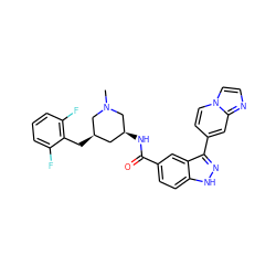 CN1C[C@@H](NC(=O)c2ccc3[nH]nc(-c4ccn5ccnc5c4)c3c2)C[C@@H](Cc2c(F)cccc2F)C1 ZINC000205025621