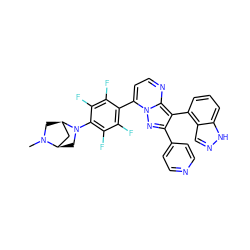 CN1C[C@@H]2C[C@H]1CN2c1c(F)c(F)c(-c2ccnc3c(-c4cccc5[nH]ncc45)c(-c4ccncc4)nn23)c(F)c1F ZINC000064448387