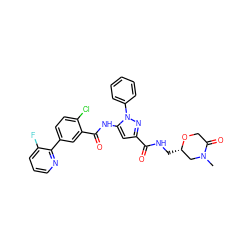 CN1C[C@H](CNC(=O)c2cc(NC(=O)c3cc(-c4ncccc4F)ccc3Cl)n(-c3ccccc3)n2)OCC1=O ZINC001772614875