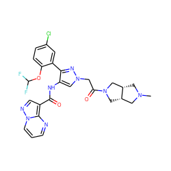 CN1C[C@H]2CN(C(=O)Cn3cc(NC(=O)c4cnn5cccnc45)c(-c4cc(Cl)ccc4OC(F)F)n3)C[C@H]2C1 ZINC001772644879