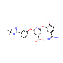 CN1CC(C)(C)N=C1c1cccc(Oc2cc(C(=O)O)cc(Oc3cc(C(=N)N)ccc3O)n2)c1 ZINC000027651125