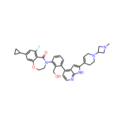 CN1CC(N2CC=C(c3cc4c(-c5cccc(N6CCOc7cc(C8CC8)cc(F)c7C6=O)c5CO)ccnc4[nH]3)CC2)C1 ZINC001772641179