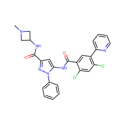 CN1CC(NC(=O)c2cc(NC(=O)c3cc(-c4ccccn4)c(Cl)cc3Cl)n(-c3ccccc3)n2)C1 ZINC001772603801