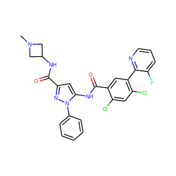 CN1CC(NC(=O)c2cc(NC(=O)c3cc(-c4ncccc4F)c(Cl)cc3Cl)n(-c3ccccc3)n2)C1 ZINC001772623385